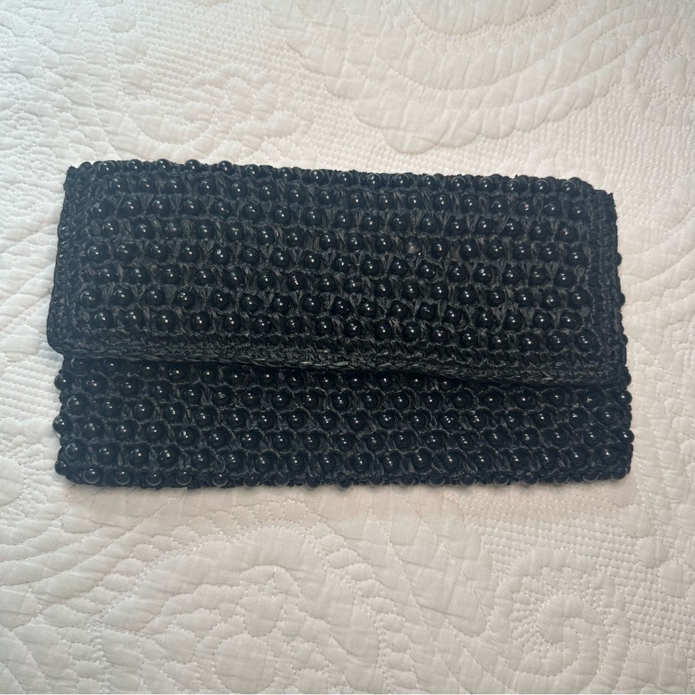 Made in Italy Ratan Beaded Black Clutch.